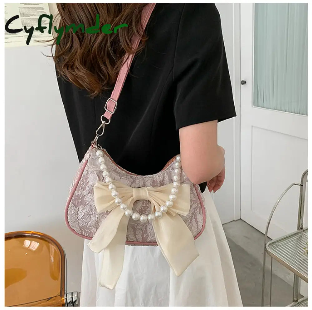 Cyflymder Fashion Pearl Chains Design Female Shoulder Messenger Bag Sweet Bow Ladies Crossbody Bags