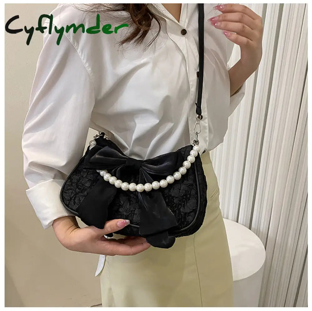 Cyflymder Fashion Pearl Chains Design Female Shoulder Messenger Bag Sweet Bow Ladies Crossbody Bags