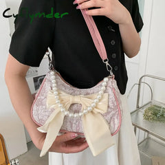 Cyflymder Fashion Pearl Chains Design Female Shoulder Messenger Bag Sweet Bow Ladies Crossbody Bags