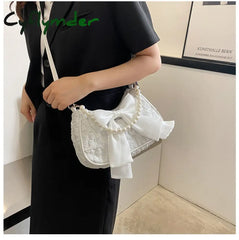 Cyflymder Fashion Pearl Chains Design Female Shoulder Messenger Bag Sweet Bow Ladies Crossbody Bags