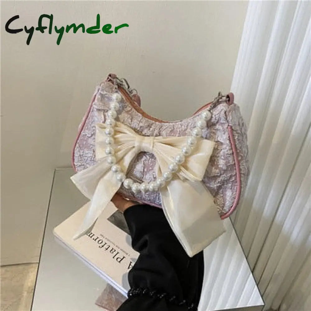 Cyflymder Fashion Pearl Chains Design Female Shoulder Messenger Bag Sweet Bow Ladies Crossbody Bags