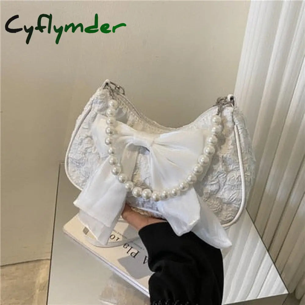 Cyflymder Fashion Pearl Chains Design Female Shoulder Messenger Bag Sweet Bow Ladies Crossbody Bags