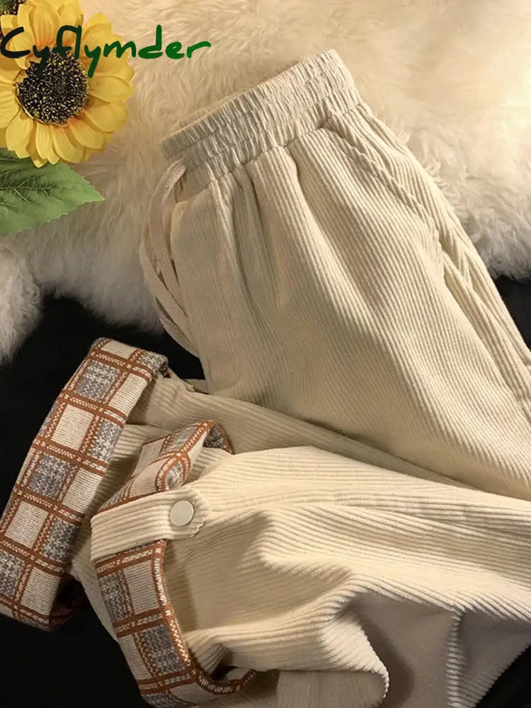 Cyflymder Fashion Plaid Hemming Women Corduroy Pants High Waist Fall Black Korean Loose Straight Trousers Casual