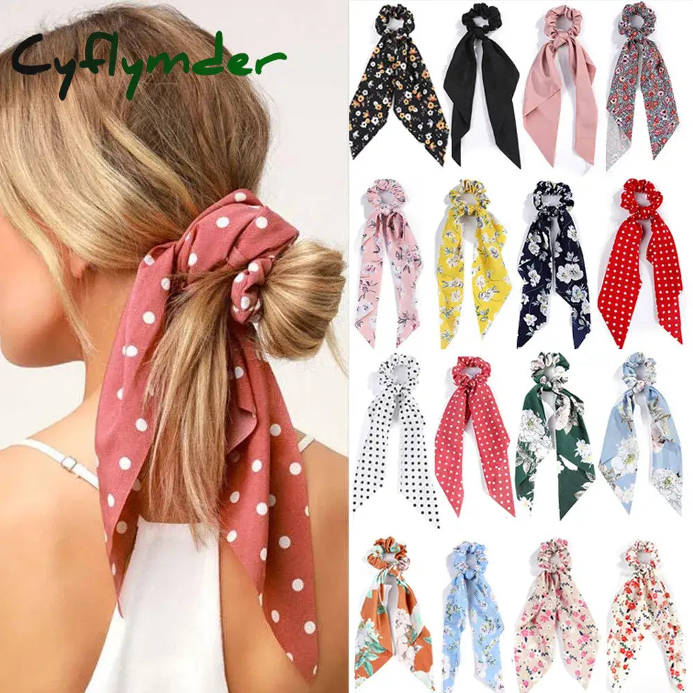 Cyflymder Fashion Print Chiffon Long Ribbon Scrunchies Women Girls Ponytail Scarf Elastic Hair