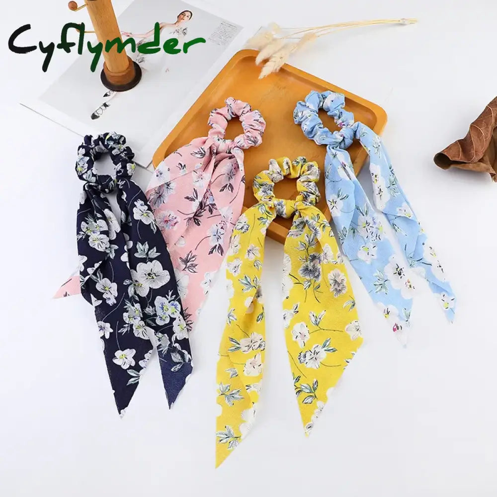 Cyflymder Fashion Print Chiffon Long Ribbon Scrunchies Women Girls Ponytail Scarf Elastic Hair