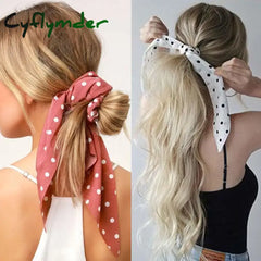 Cyflymder Fashion Print Chiffon Long Ribbon Scrunchies Women Girls Ponytail Scarf Elastic Hair