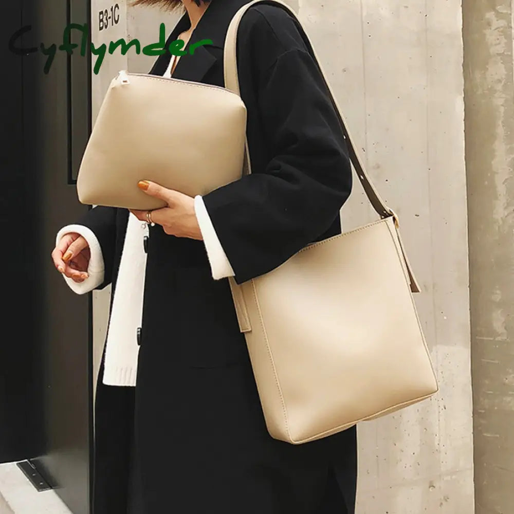Cyflymder Fashion Pu Leather Composite Bags For Ladies Casual Solid Large Capacity Bucket Women