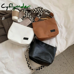 Cyflymder Fashion Pu Leather Shoulder Bucket Bag Simple Solid Color Messenger Plaid Pattern Strap