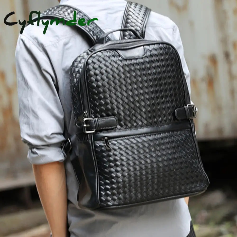 Cyflymder Fashion Pu Leather Woven Backpack For Men Luxury Business Laptop Bag Mens Zipper Travel