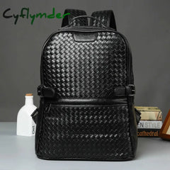 Cyflymder Fashion Pu Leather Woven Backpack For Men Luxury Business Laptop Bag Mens Zipper Travel