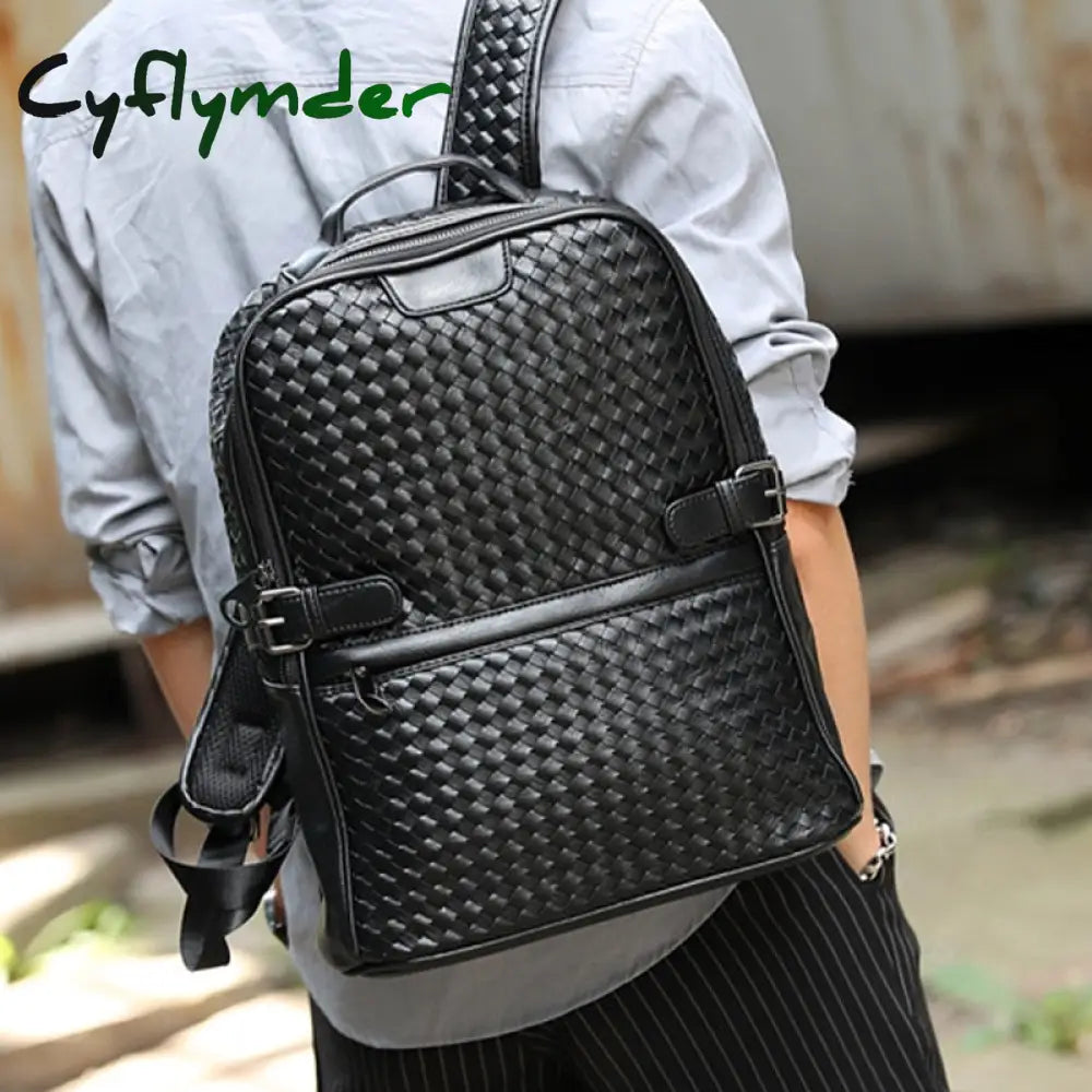 Cyflymder Fashion Pu Leather Woven Backpack For Men Luxury Business Laptop Bag Mens Zipper Travel