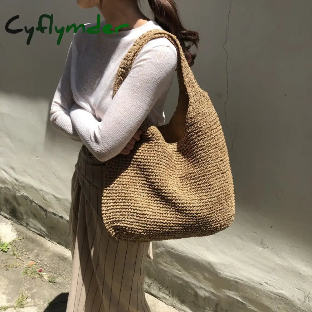 Cyflymder Fashion Rattan Women Shoulder Bags Wikcer Woven Female Handbags Large Capacity Summer