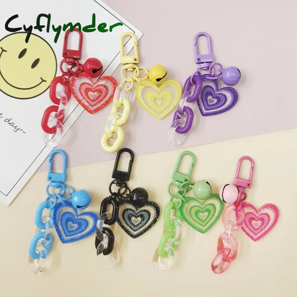 Cyflymder Fashion Resin Heart Pendant Keychain With Bell Creative Women Colorful Plastic Link Chain