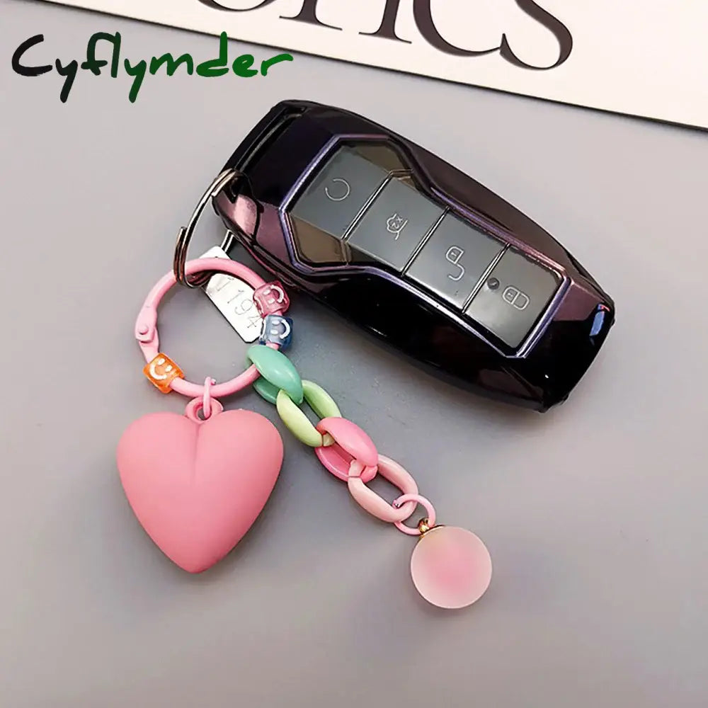 Cyflymder Fashion Resin Heart Pendant Keychain With Bell Creative Women Colorful Plastic Link Chain