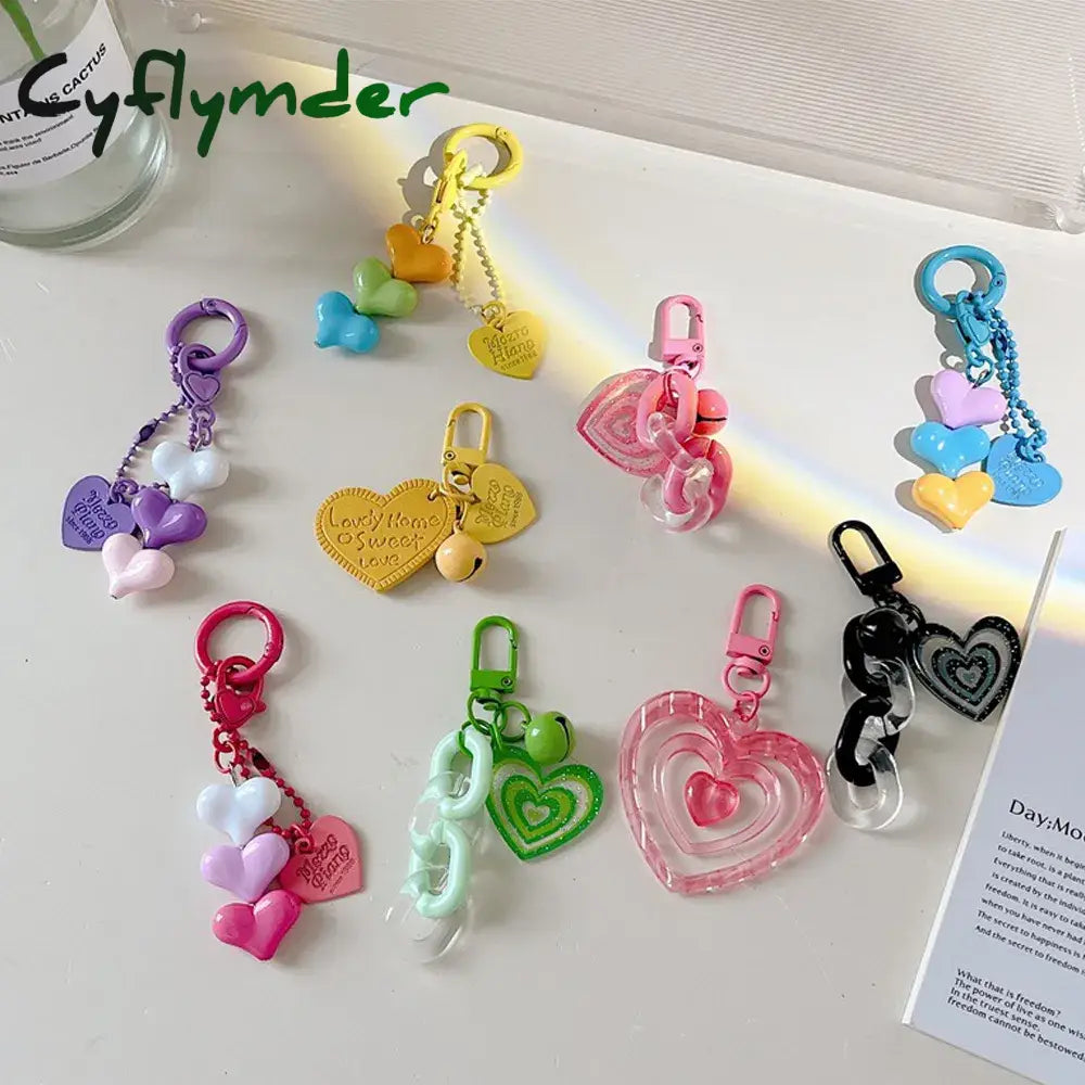 Cyflymder Fashion Resin Heart Pendant Keychain With Bell Creative Women Colorful Plastic Link Chain