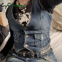 Cyflymder Fashion Retro Y2K Denim Vest V Neck Button Pocket Slim Short Women’s Sleeveless Jacket