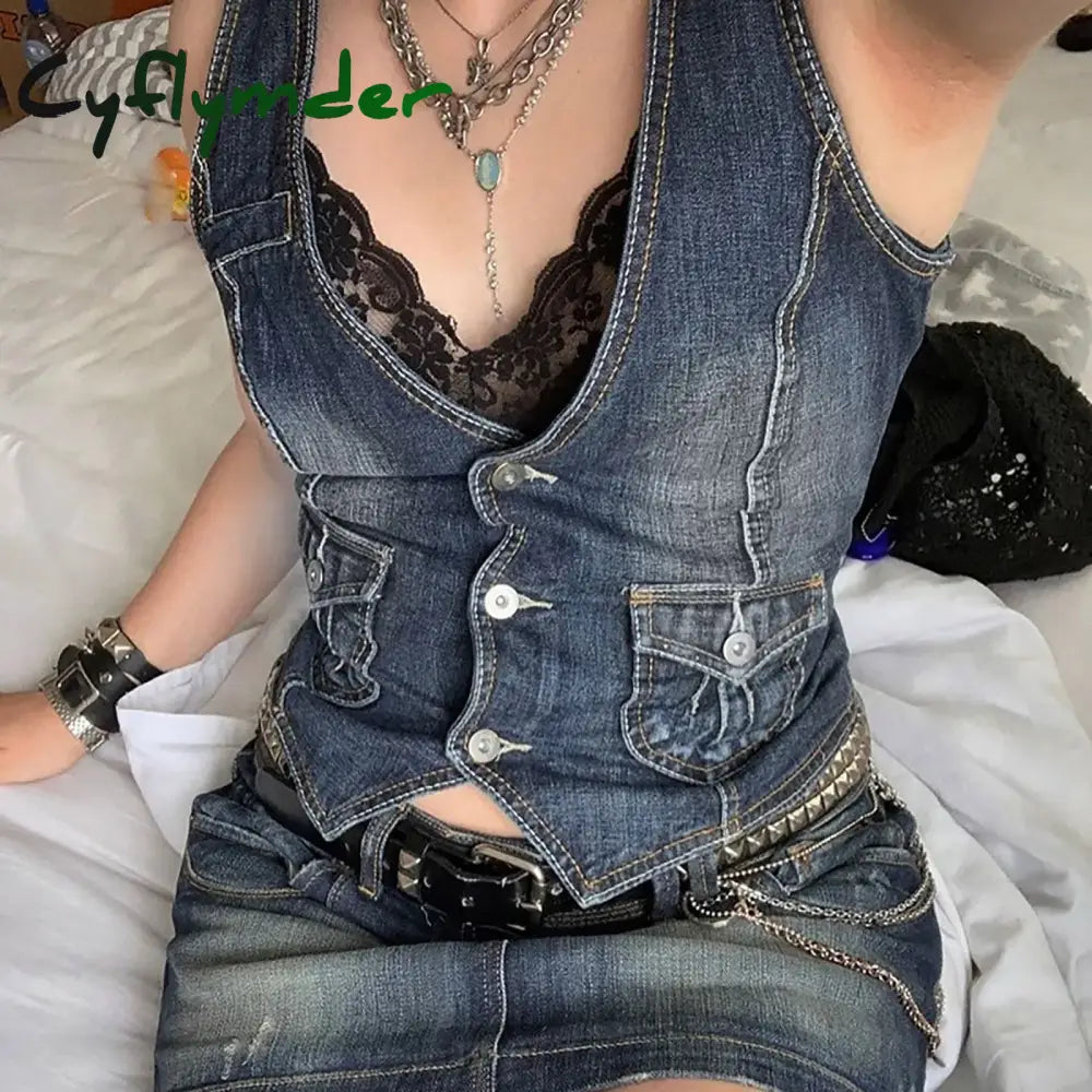 Cyflymder Fashion Retro Y2K Denim Vest V Neck Button Pocket Slim Short Women’s Sleeveless Jacket