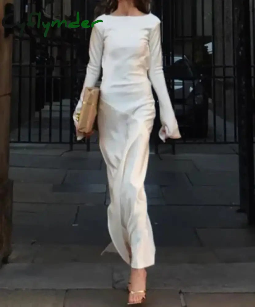 Cyflymder Fashion Satin Backless Long Dress For Women Slim Solid Patchwork High Waist Split Sleeve