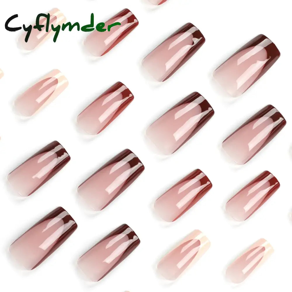 Cyflymder Fashion Simple Brown Nude French Long Square Fake Nails Detachable Full Cover Finished