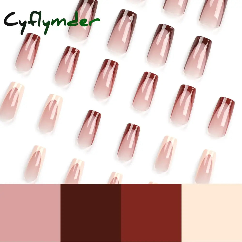 Cyflymder Fashion Simple Brown Nude French Long Square Fake Nails Detachable Full Cover Finished