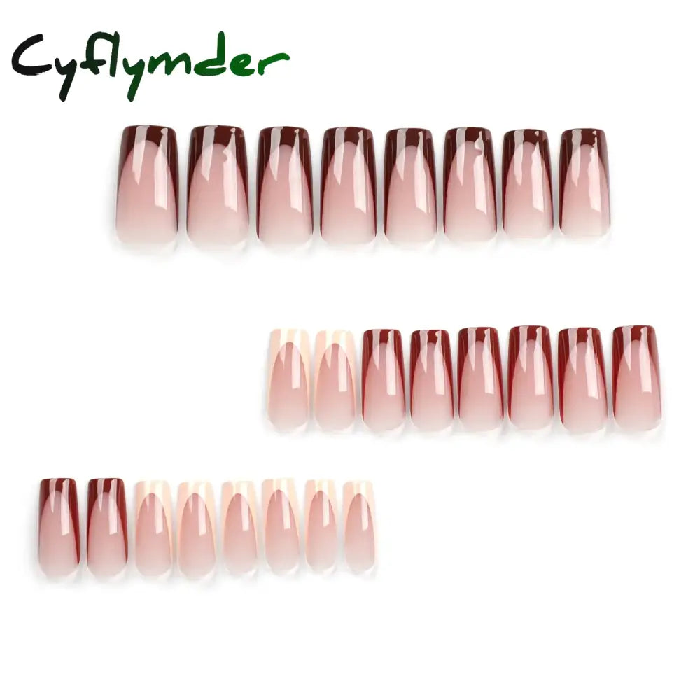 Cyflymder Fashion Simple Brown Nude French Long Square Fake Nails Detachable Full Cover Finished