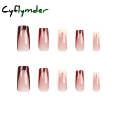 Cyflymder Fashion Simple Brown Nude French Long Square Fake Nails Detachable Full Cover Finished