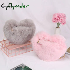 Cyflymder Fashion Soft Faux Fur Heart Shaped Shoulder Bag Cute Fluffy Crossbody Handbag Mini Chain