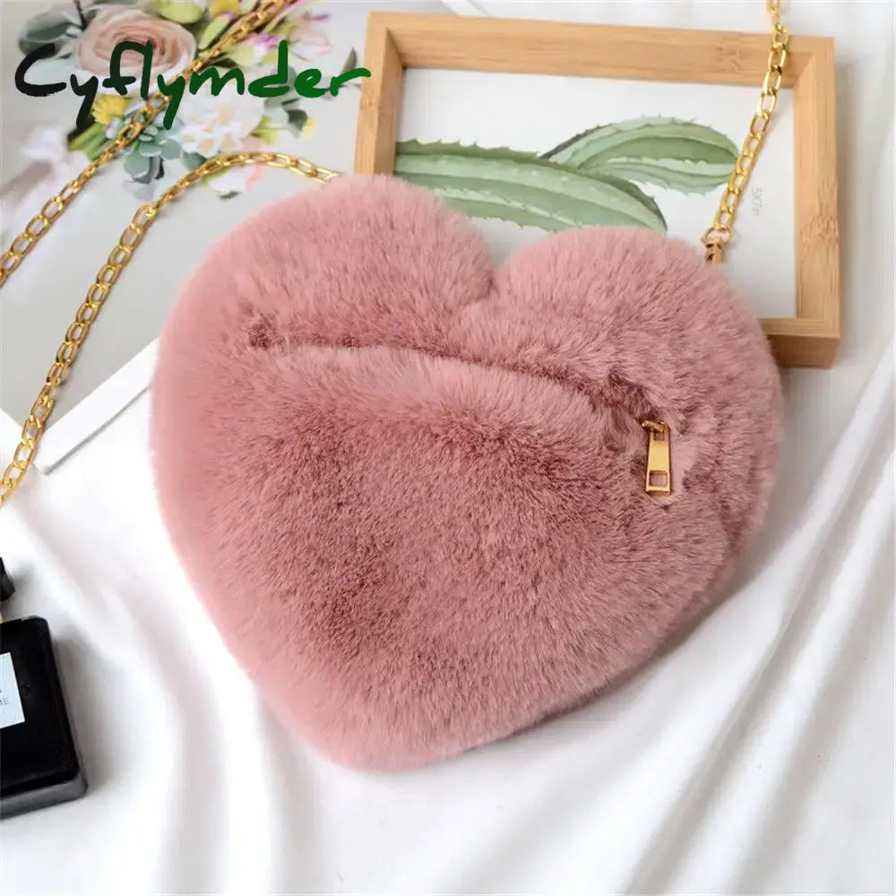 Cyflymder Fashion Soft Faux Fur Heart Shaped Shoulder Bag Cute Fluffy Crossbody Handbag Mini Chain