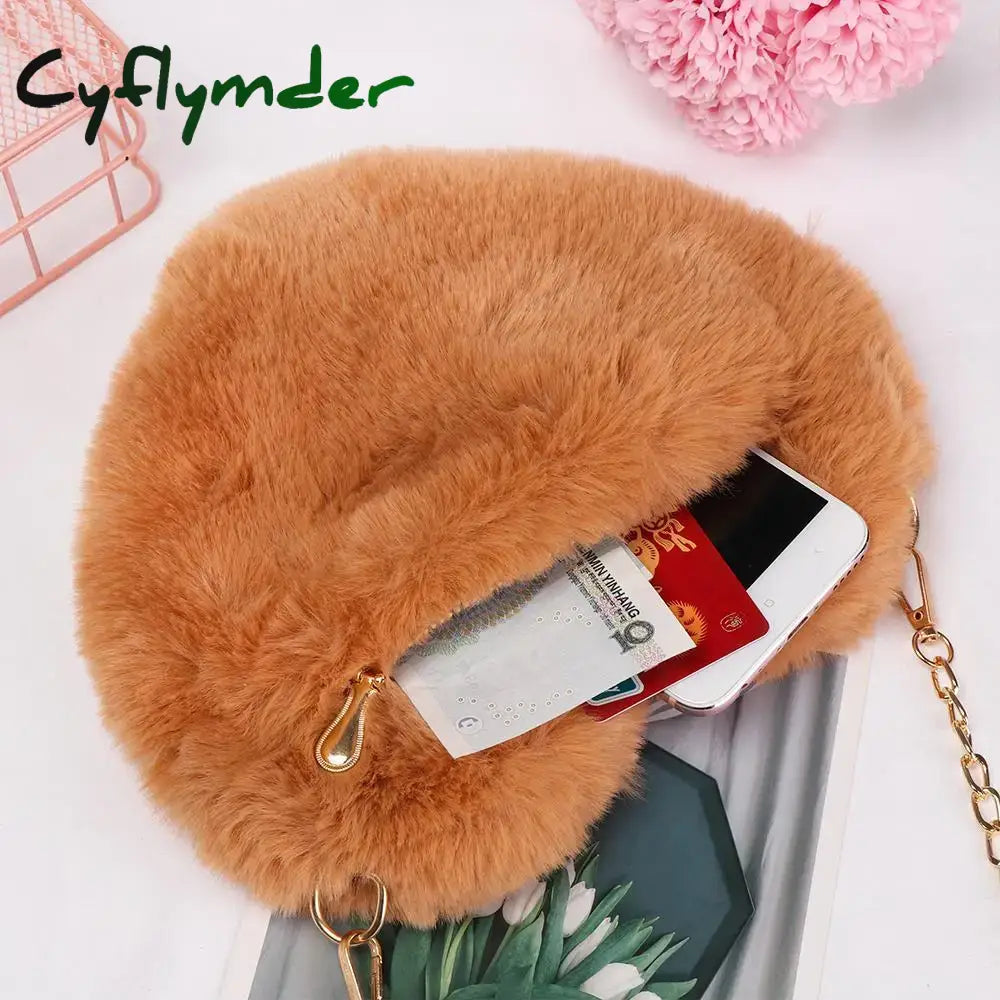 Cyflymder Fashion Soft Faux Fur Heart Shaped Shoulder Bag Cute Fluffy Crossbody Handbag Mini Chain