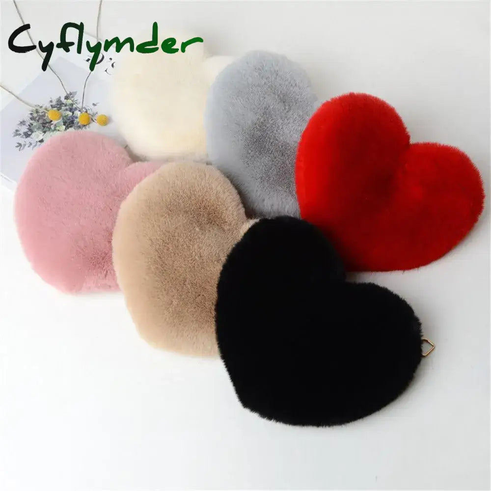 Cyflymder Fashion Soft Faux Fur Heart Shaped Shoulder Bag Cute Fluffy Crossbody Handbag Mini Chain