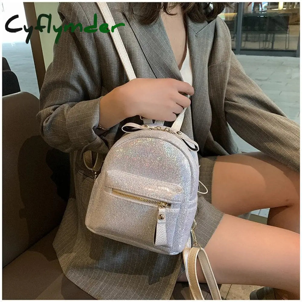 Cyflymder Fashion Sparkles Women Backpack Small Pu Leather Lady Shoulder Crossbody Bags Girl