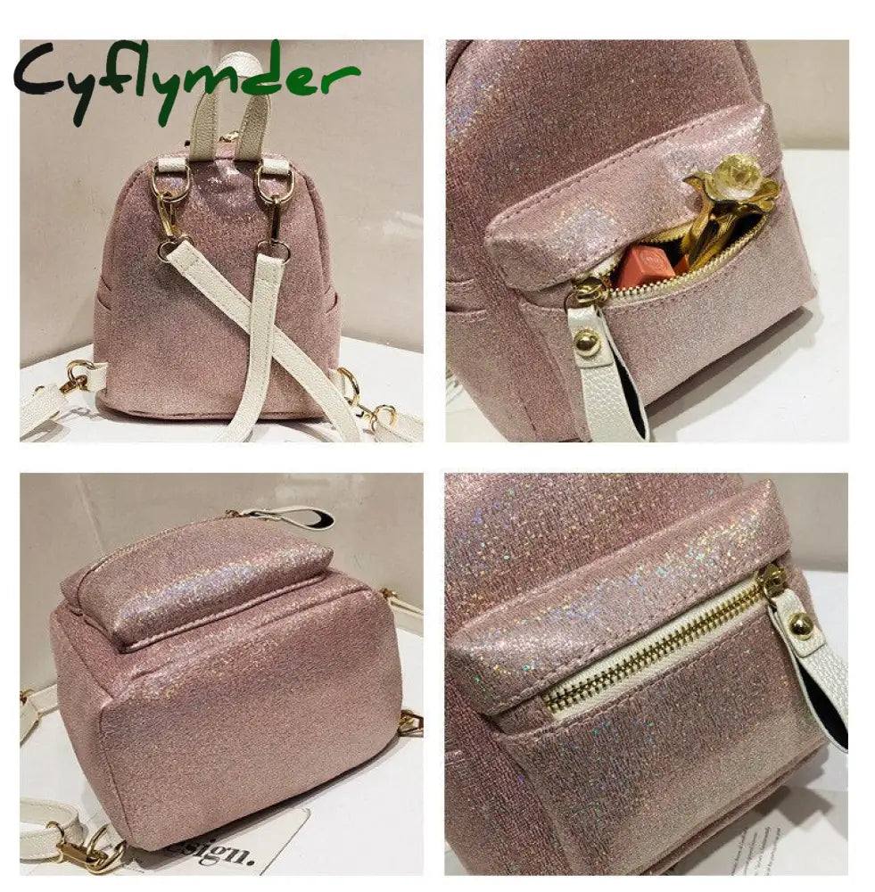 Cyflymder Fashion Sparkles Women Backpack Small Pu Leather Lady Shoulder Crossbody Bags Girl