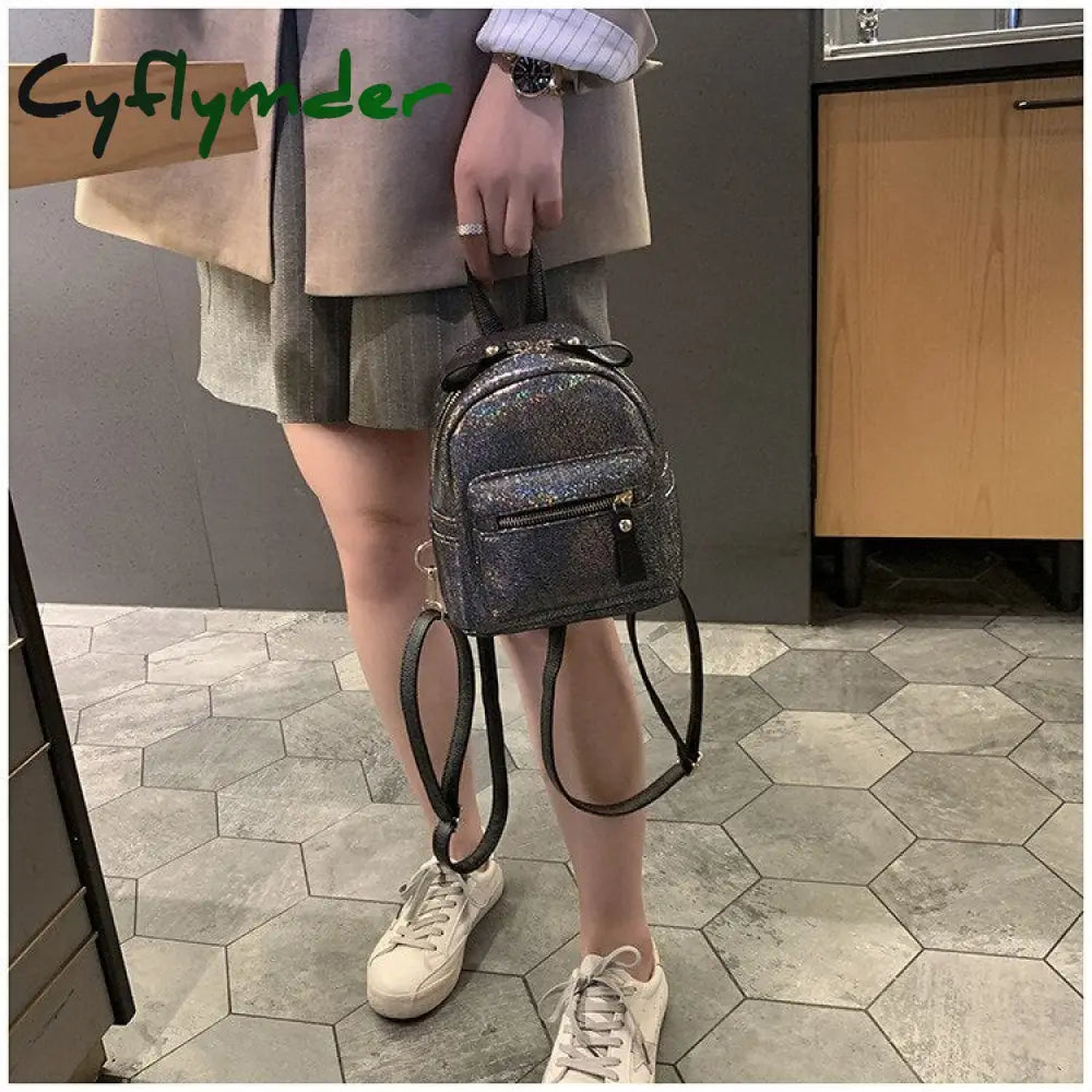 Cyflymder Fashion Sparkles Women Backpack Small Pu Leather Lady Shoulder Crossbody Bags Girl