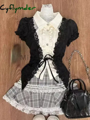 Cyflymder Fashion Sweet Slim Short Sleeve 2 Piece Set Women Design Chic Lapel Bow Patchwork Tops + High Waist Thin