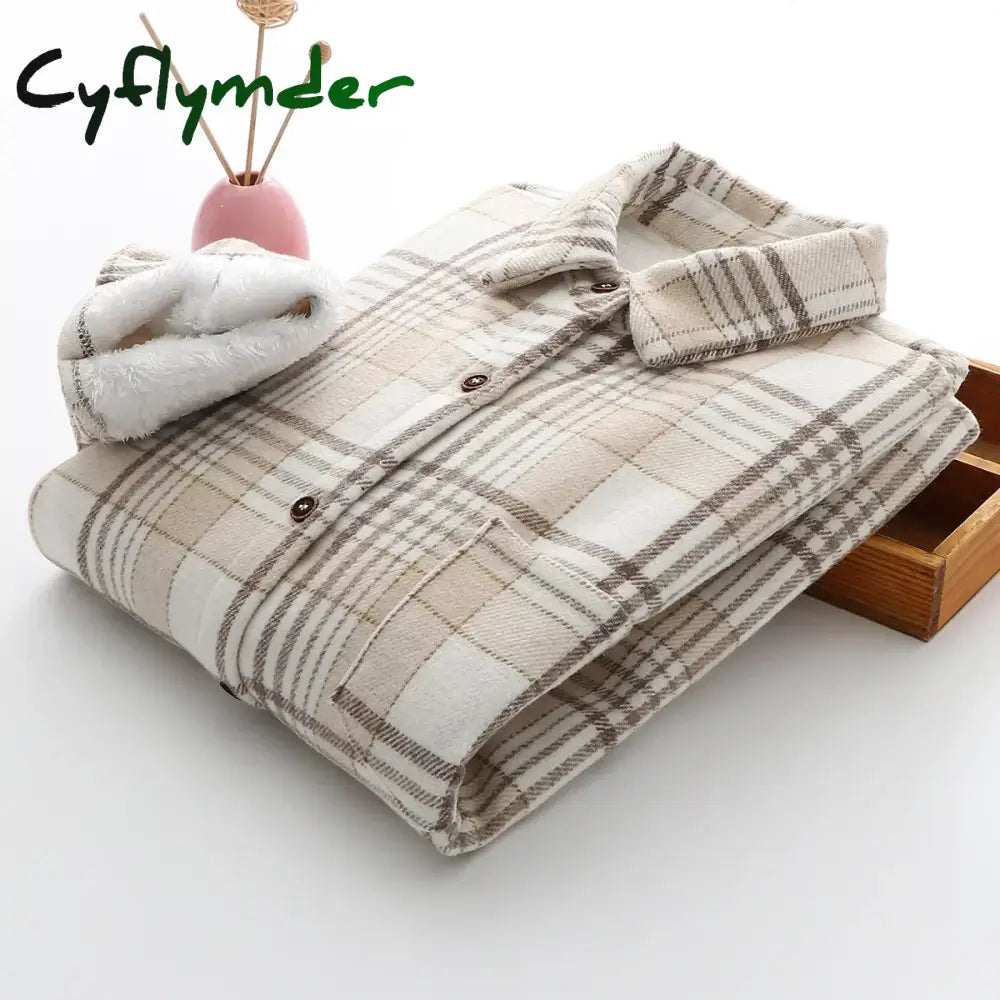Cyflymder Fashion Thick Velvet Plaid Shirts Women Autumn Winter Keep Warm Blouses and Tops New Casual Slim Female