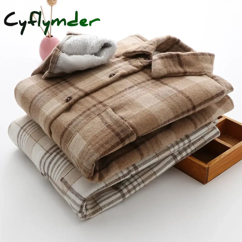 Cyflymder Fashion Thick Velvet Plaid Shirts Women Autumn Winter Keep Warm Blouses and Tops New Casual Slim Female