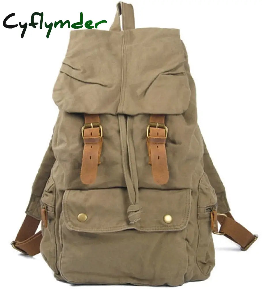 Cyflymder Fashion Vintage Leather Military Canvas Backpack Men’s School Bag Drawstring Women