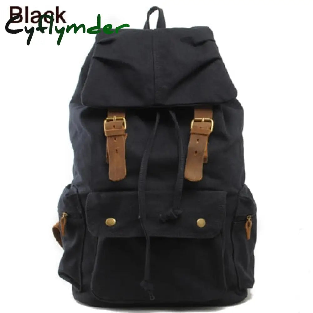 Cyflymder Fashion Vintage Leather Military Canvas Backpack Men’s School Bag Drawstring Women