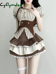 Cyflymder Fashion Vintage Y2k 3 Piece Sets Summer Striped Shirt Slim Vest High Waist Lace Mini Skirt Lolita Japanese