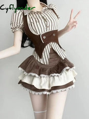 Cyflymder Fashion Vintage Y2k 3 Piece Sets Summer Striped Shirt Slim Vest High Waist Lace Mini Skirt Lolita Japanese