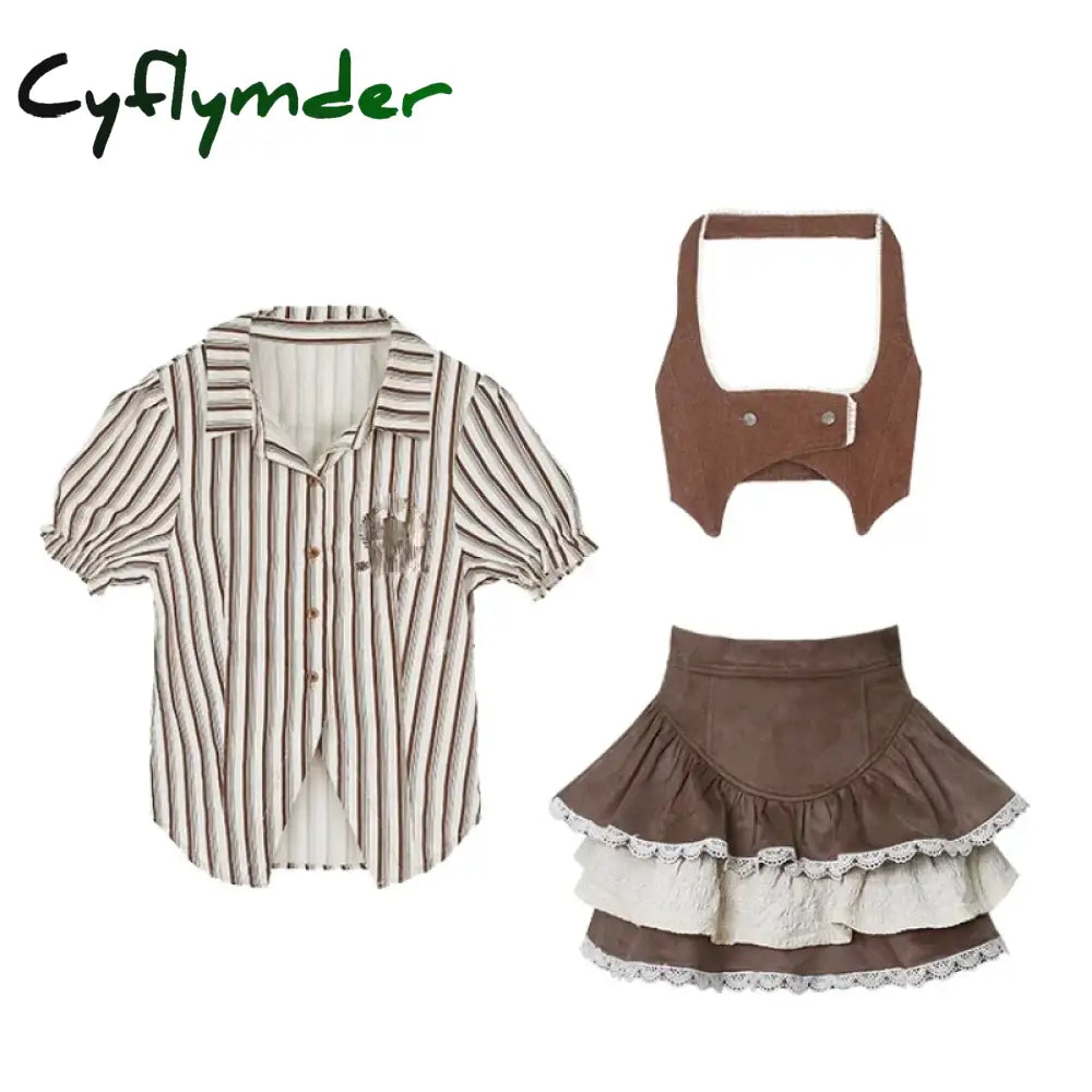 Cyflymder Fashion Vintage Y2k 3 Piece Sets Summer Striped Shirt Slim Vest High Waist Lace Mini Skirt Lolita Japanese