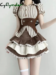 Cyflymder Fashion Vintage Y2k 3 Piece Sets Summer Striped Shirt Slim Vest High Waist Lace Mini Skirt Lolita Japanese