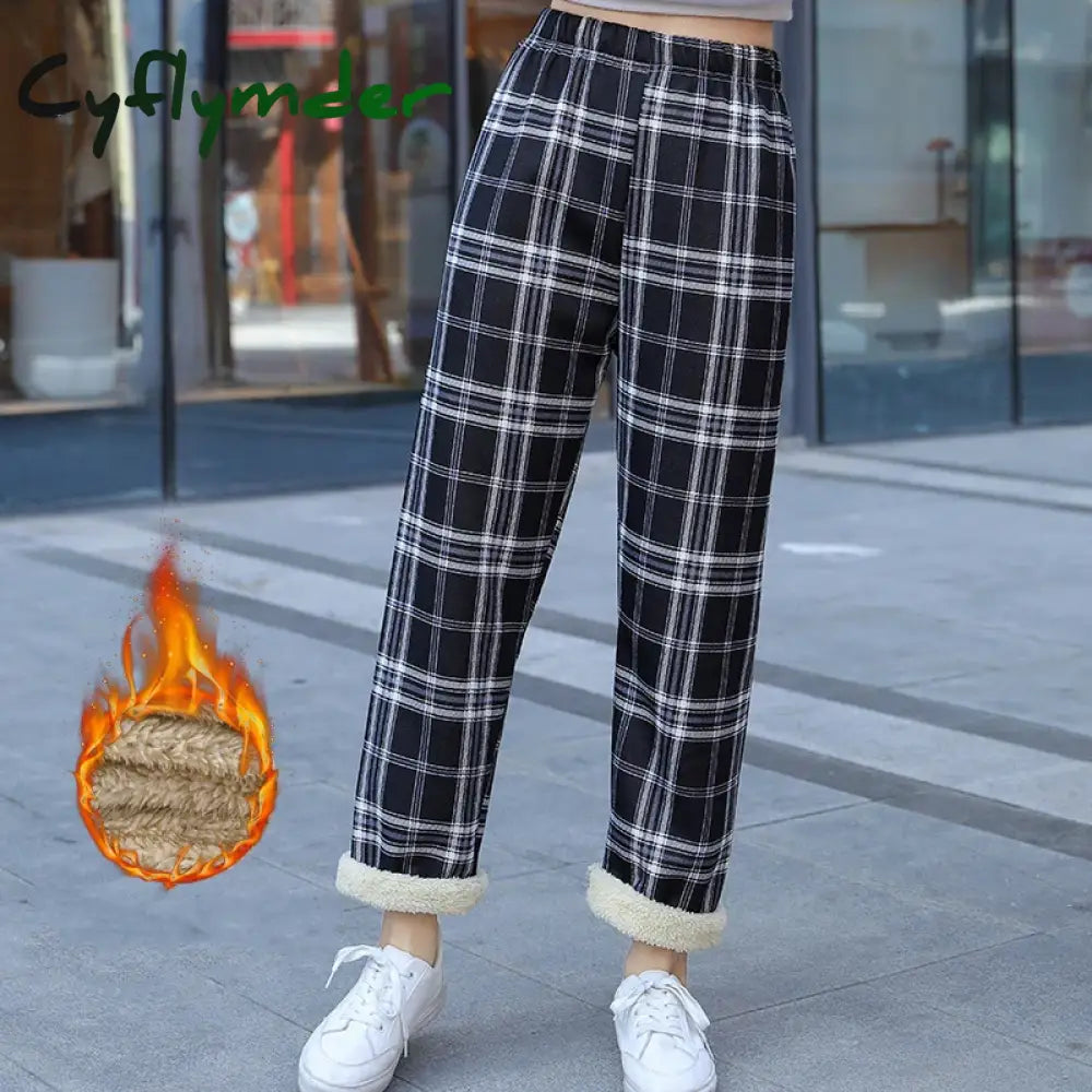 Cyflymder Fashion Warm Plush Pants Lamb Fleece Thick Plaid Women Winter Casual Loose Wide Leg