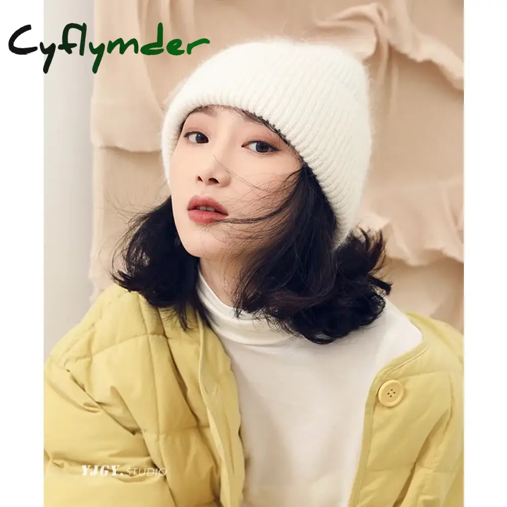 Cyflymder Fashion Warm Skullies Angola Rabbit Fur Winter Knitted Beanies Women Cap Female Ski Outdoor Warm Cashmere