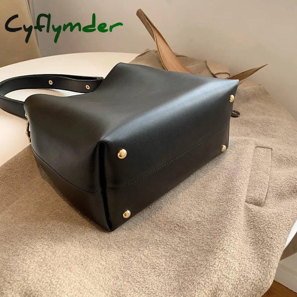 Cyflymder Fashion Wide Strap Buckets Bag For Women Designer Handbags Luxury Soft Pu Leather