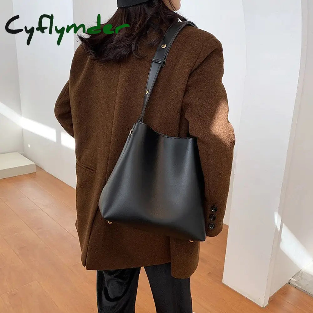 Cyflymder Fashion Wide Strap Buckets Bag For Women Designer Handbags Luxury Soft Pu Leather