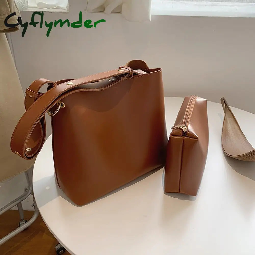 Cyflymder Fashion Wide Strap Buckets Bag For Women Designer Handbags Luxury Soft Pu Leather