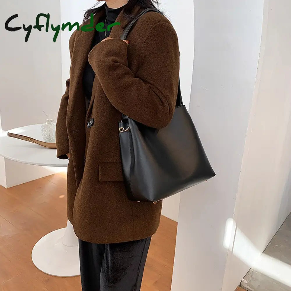 Cyflymder Fashion Wide Strap Buckets Bag For Women Designer Handbags Luxury Soft Pu Leather