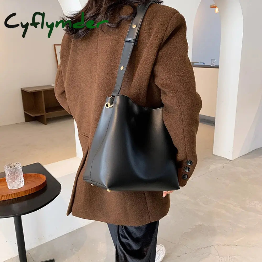 Cyflymder Fashion Wide Strap Buckets Bag For Women Designer Handbags Luxury Soft Pu Leather