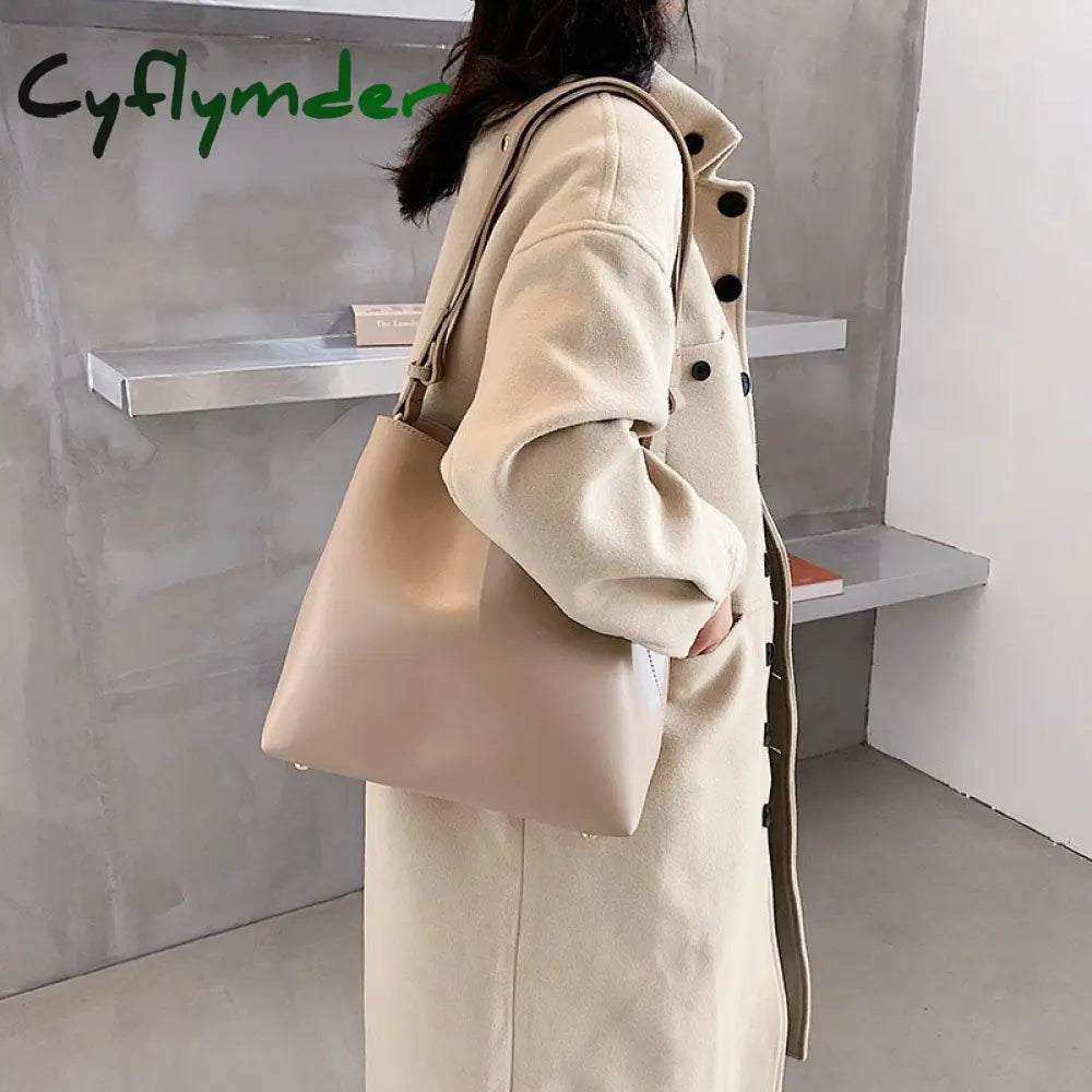 Cyflymder Fashion Wide Strap Buckets Bag For Women Designer Handbags Luxury Soft Pu Leather